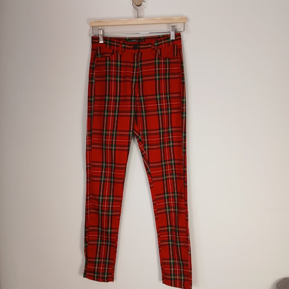 Red Plaid Tartan Pants Women XS Simons Italy Slim Fit Stretch Mid Rise